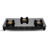 Surya Flame "BLACK KNIGHT GLASS TOP" 3 Burner L.P.G Stove with Forged Brass Burner, Flame Protection Pan Support and Doorstep Services 2 Years Warranty